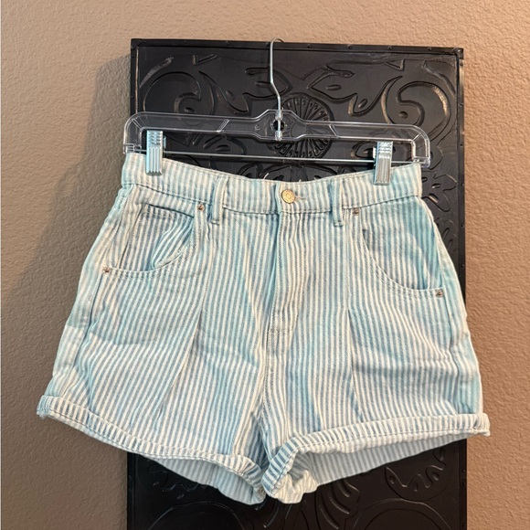 BDG Light Blue Striped High Waist Shorts - Picture 1 of 5